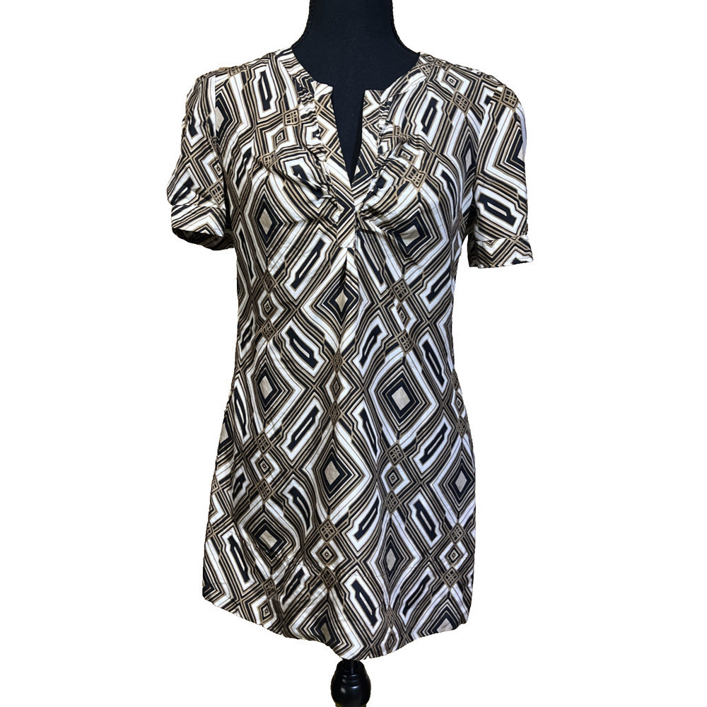 New York & Company Silk Y2K Babydoll Tunic Brown Geometric Retro Grunge 90s